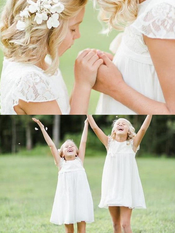 Knee-Length Chiffon Sleeves Lace Scoop A-Line/Princess Short Flower Girl Dresses