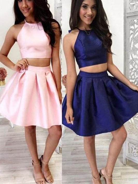 Two Short/Mini Halter Ruffles Sleeveless A-Line/Princess Satin Piece Homecoming Dress