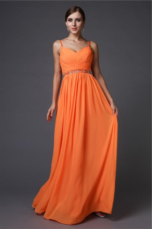 A-Line/Princess Beading Straps Sleeveless Spaghetti Long Chiffon Dresses