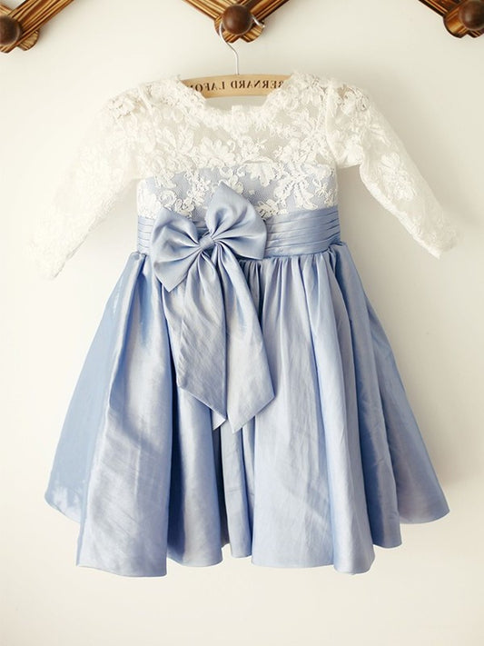 Knee-Length Lace Taffeta Scoop A-Line/Princess Sleeves 3/4 Flower Girl Dresses