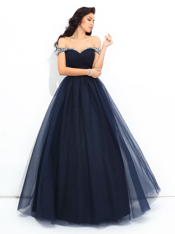 Beading Gown Off-the-Shoulder Sleeveless Long Ball Net Quinceanera Dresses