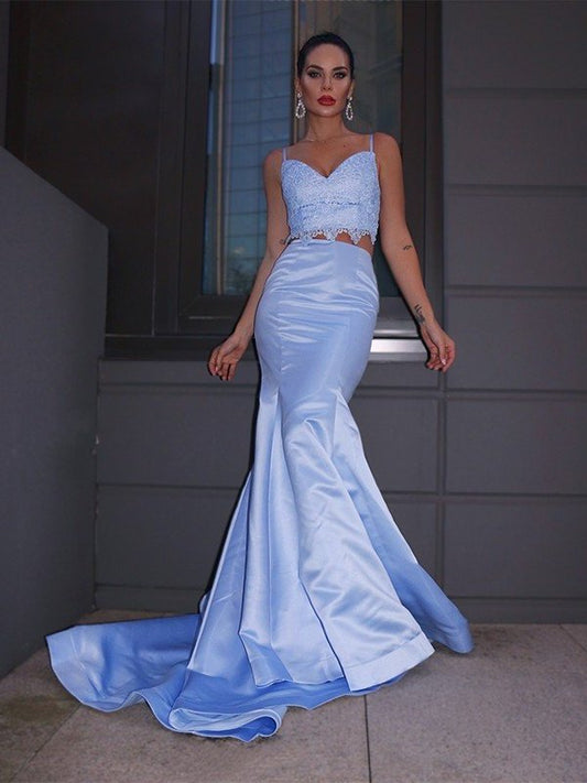 Train Trumpet/Mermaid V-neck Satin Sleeveless Lace Sweep/Brush Two Piece Dresses