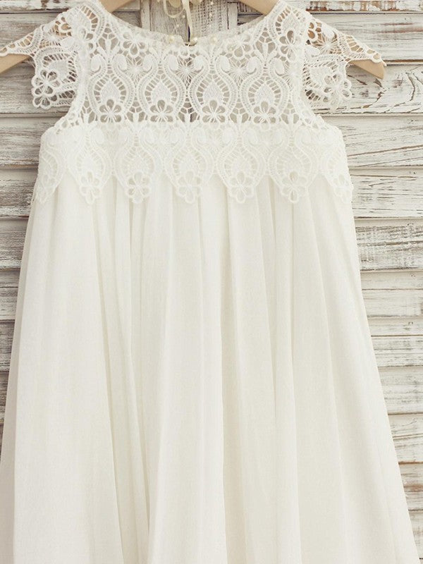 Chiffon Short Lace Sleeves A-Line/Princess Scoop Knee-Length Flower Girl Dresses