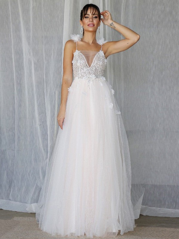 Beading A-Line/Princess Sleeveless Tulle V-neck Floor-Length Wedding Dresses