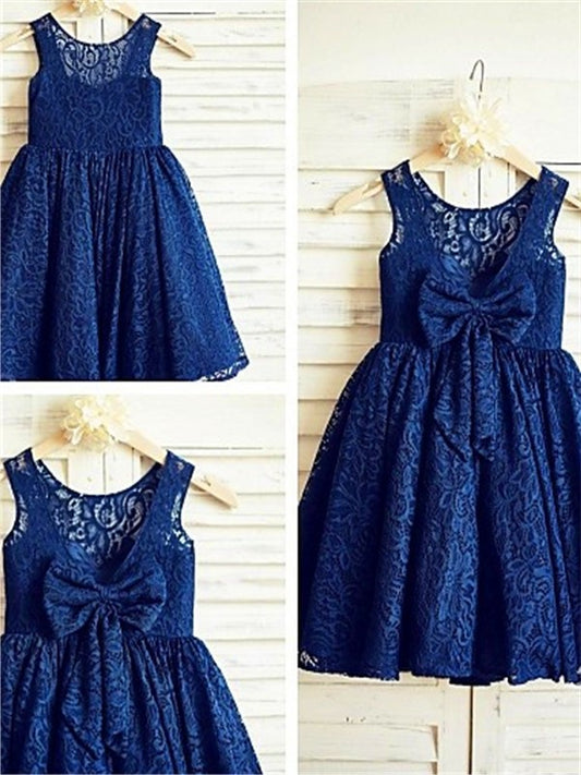 A-line/Princess Bowknot Tea-Length Scoop Lace Sleeveless Flower Girl Dresses