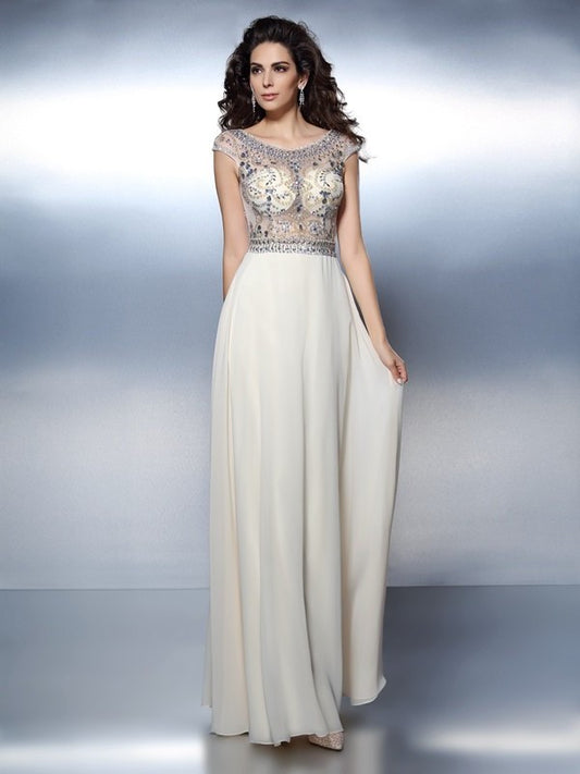 Beading Bateau A-Line/Princess Short Sleeves Long Chiffon Dresses