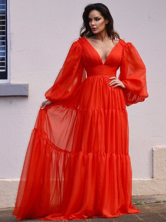 Long Ruffles A-Line/Princess Sleeves 3D V-neck Chiffon Sweep/Brush Train Dresses