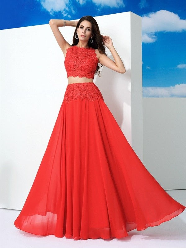 Scoop Sleeveless Chiffon Long A-Line/Princess Lace Two Piece Dresses