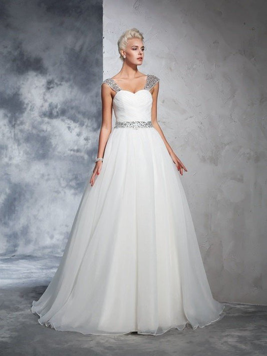 Ruched Straps Ball Long Gown Sleeveless Net Wedding Dresses