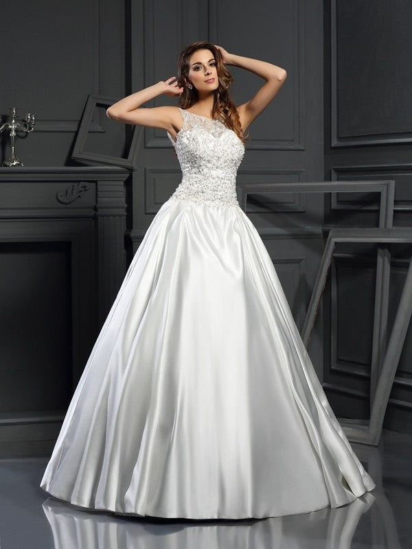 Ball Applique Scoop Long Gown Sleeveless Satin Wedding Dresses