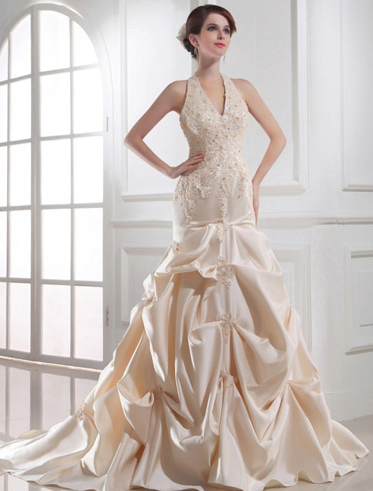 Applique Trumpet/Mermaid Halter Beading Sleeveless Satin Wedding Dresses