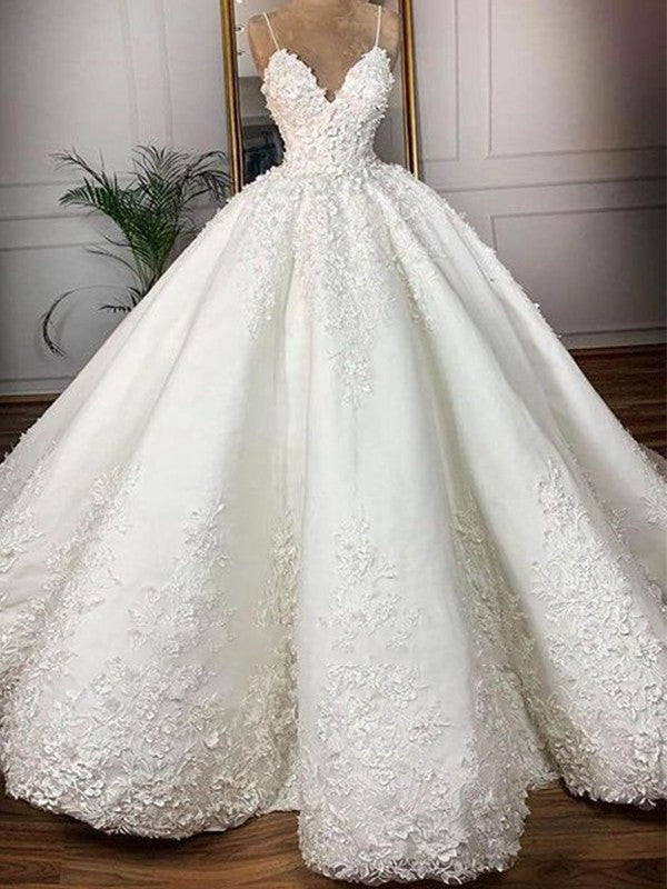 Ball Gown Satin Sleeveless Straps Applique Spaghetti Floor-Length Wedding Dresses