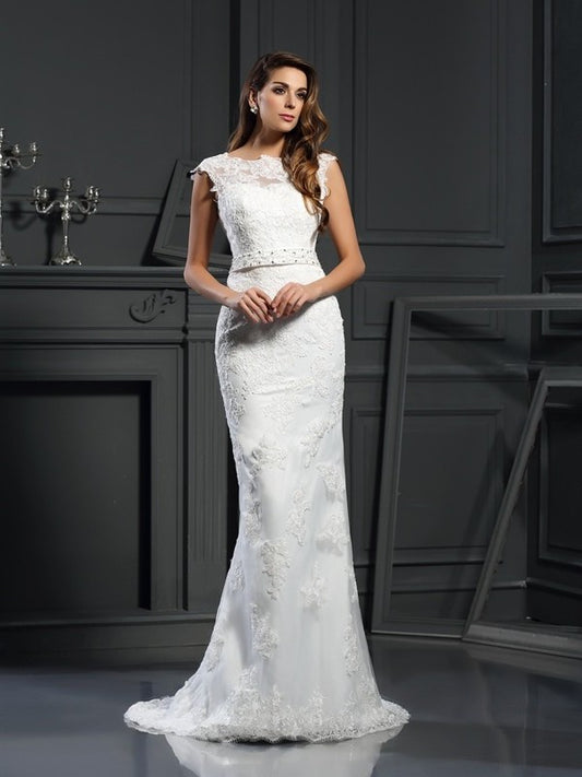 Sleeveless Long Bateau A-Line/Princess Lace Satin Wedding Dresses