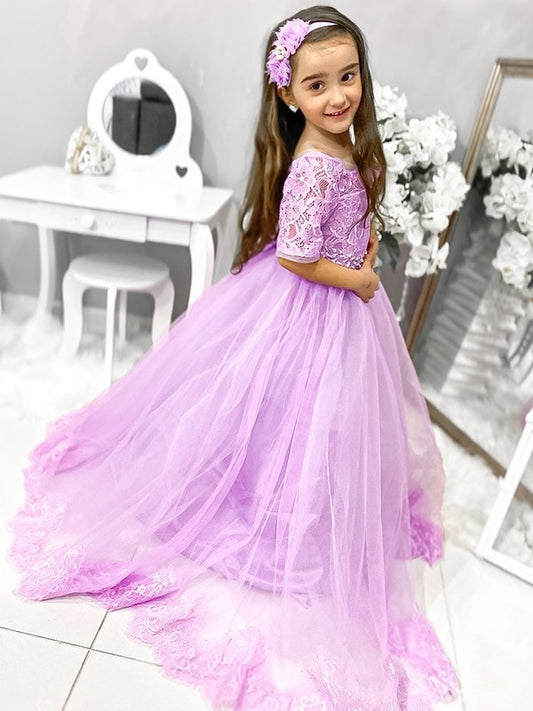 Train Off-the-Shoulder Sleeves Sweep/Brush Lace 1/2 Ball Tulle Gown Flower Girl Dresses