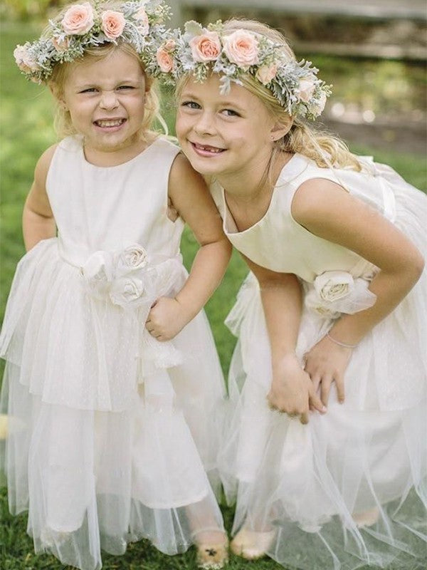 A-Line/Princess Floor-Length Tulle Scoop Hand-Made Sleeveless Flower Flower Girl Dresses