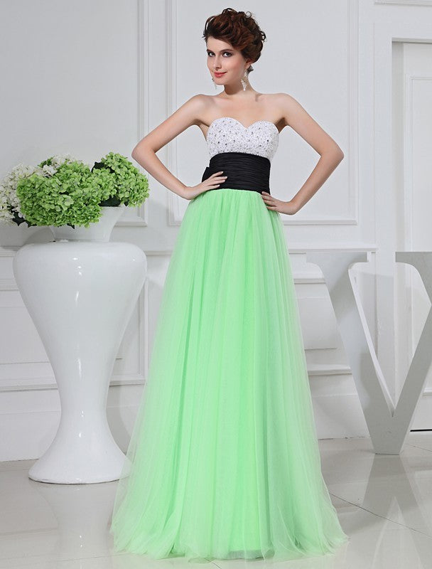 A-Line/Princess Satin Beading Sleeveless Tulle Long Dresses