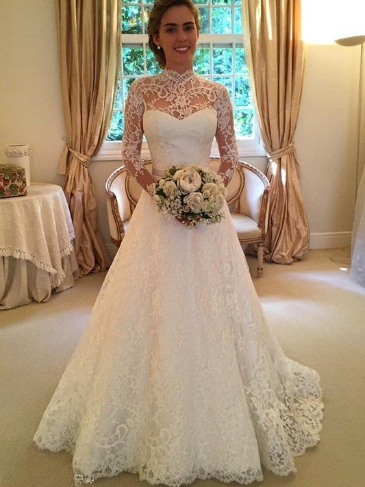 Court High Lace Long Neck Ball Gown Sleeves Train Wedding Dresses