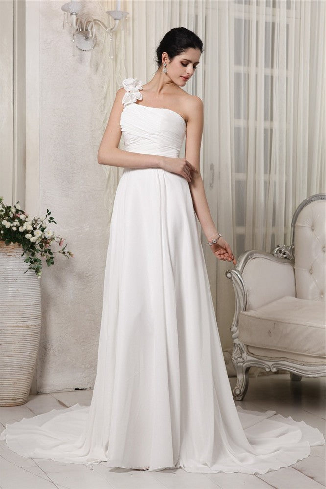 One-Shoulder Sheath/Column Long Sleeveless Ruffles Chiffon Wedding Dresses