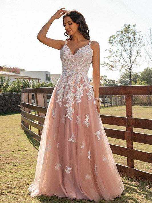 V-neck Tulle Applique A-Line/Princess Sleeveless Floor-Length Dresses