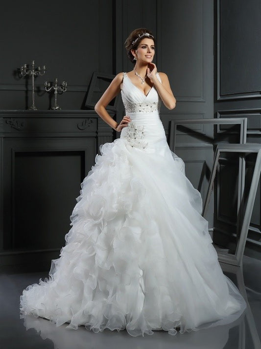 Long Gown Ball V-neck Sleeveless Ruffles Organza Wedding Dresses