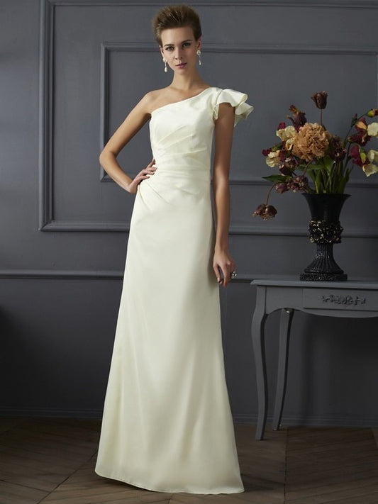 Sheath/Column Long Elastic Sleeveless Pleats One-Shoulder Woven Satin Bridesmaid Dresses