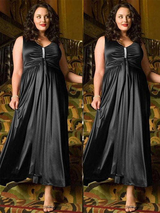 A-Line/Princess Beading Woven Sleeveless Ankle-Length V-neck Satin Elastic Plus Size Dresses