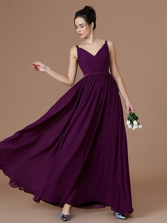 Sleeveless Ruched V-neck A-Line/Princess Floor-Length Chiffon Bridesmaid Dresses