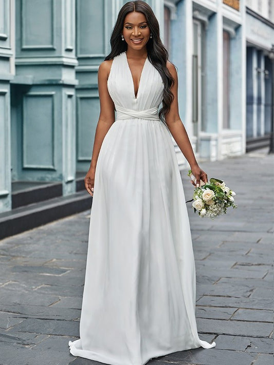 A-Line/Princess Sleeveless Chiffon Ruched Halter Floor-Length Wedding Dresses