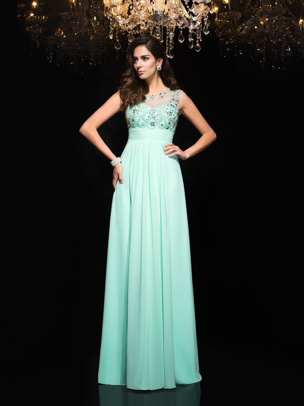 Sheer Sleeveless A-Line/Princess Neck Beading Long Chiffon Dresses