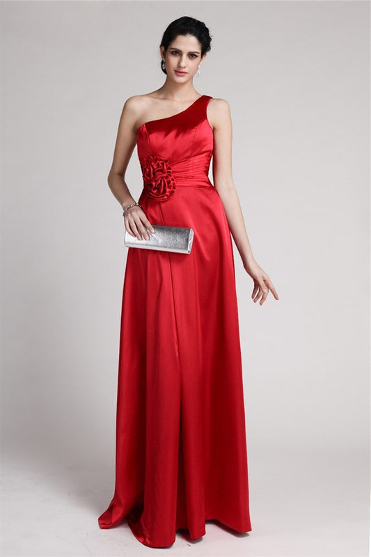 Hand-Made Long Woven Flower Sheath/Column One-Shoulder Sleeveless Pleats Elastic Satin Bridesmaid Dresses