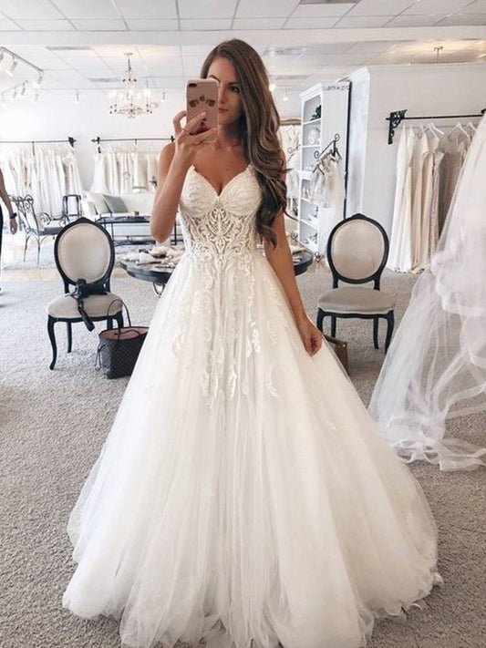 Sleeveless Lace Floor-Length A-Line/Princess Sweetheart Tulle Wedding Dresses