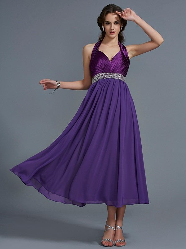 A-Line/Princess Halter Beading Long Sleeveless Chiffon Bridesmaid Dresses