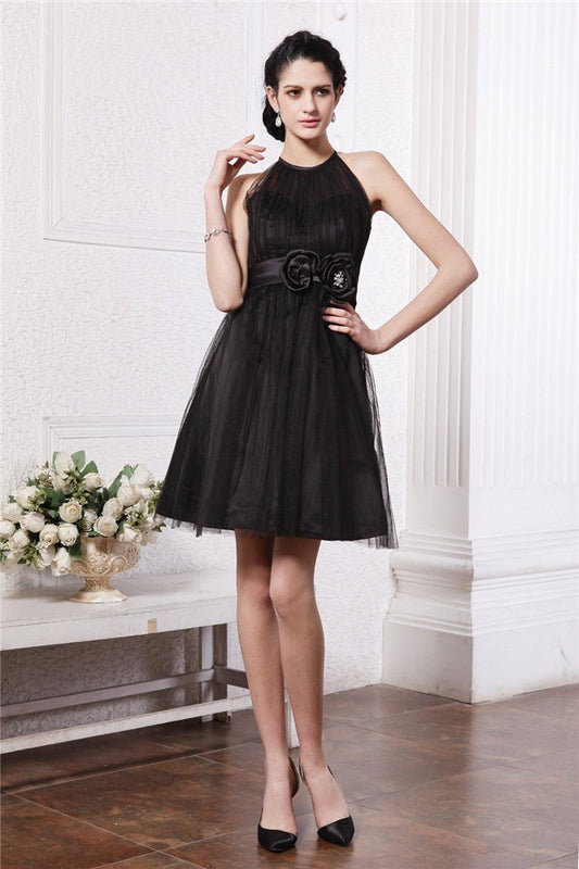 A-Line/Princess Scoop Sleeveless Hand-Made Flower Short Homecoming Dresses Net Hailey Cocktail Dresses