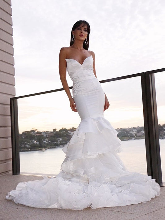 Satin Sweetheart Trumpet/Mermaid Sleeveless Layers Sweep/Brush Train Wedding Dresses