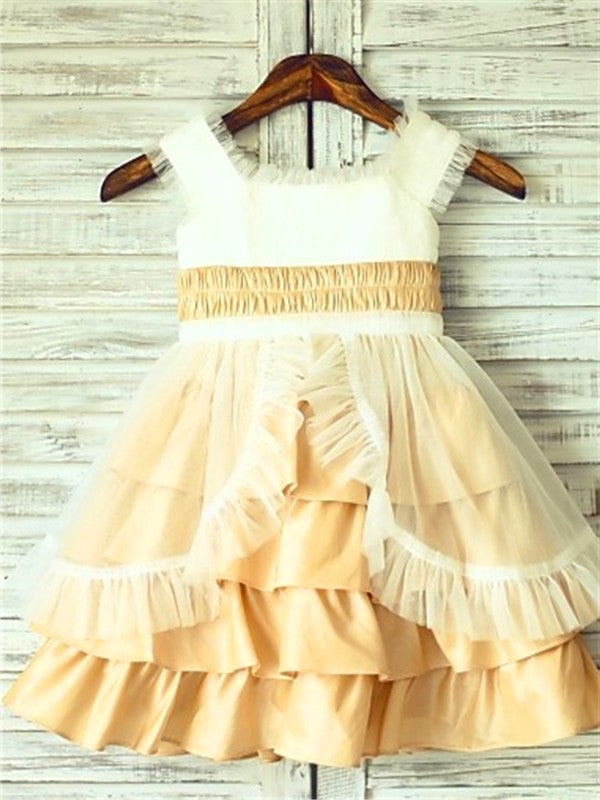 Square Satin Tea-Length Layers Sleeveless A-line/Princess Flower Girl Dresses