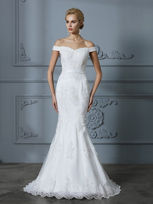 Sleeveless Off-the-Shoulder Train Trumpet/Mermaid Sweep/Brush Lace Tulle Wedding Dresses