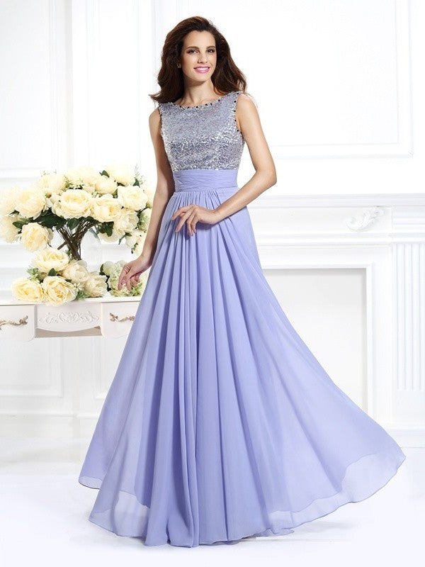 Sleeveless Lace Paillette A-Line/Princess Bateau Long Chiffon Dresses