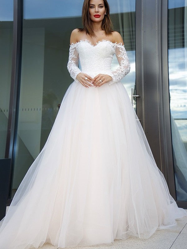 Sleeves Court Long Tulle A-Line/Princess Off-the-Shoulder Applique Train Wedding Dresses