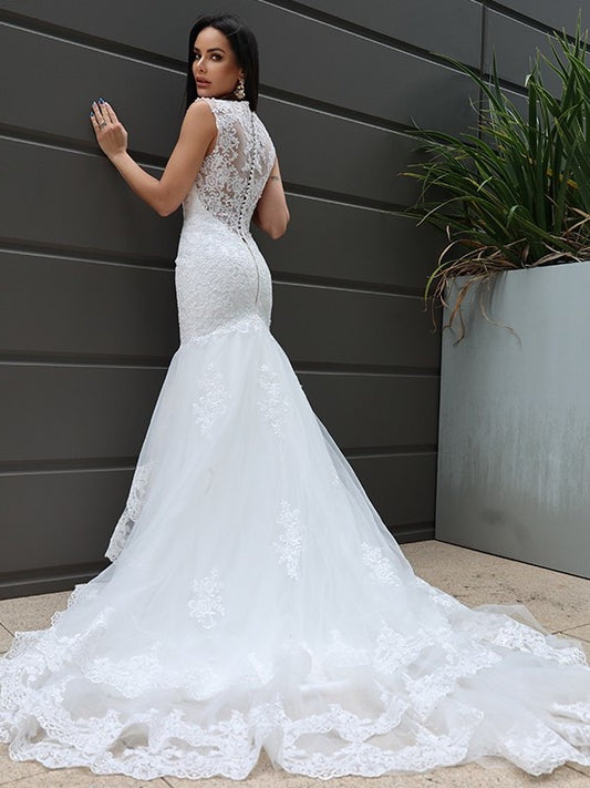 Lace Sweep/Brush Tulle Sleeveless Trumpet/Mermaid V-neck Train Wedding Dresses