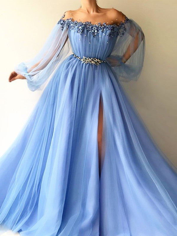 Sleeves Long A-Line/Princess Off-the-Shoulder Tulle Beading Floor-Length Dresses