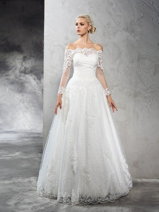 Lace Sleeves Ball Long Gown Off-the-Shoulder Long Net Wedding Dresses