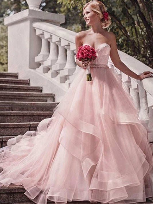 Gown Train Ball Sleeveless Layers Court Sweetheart Organza Wedding Dresses