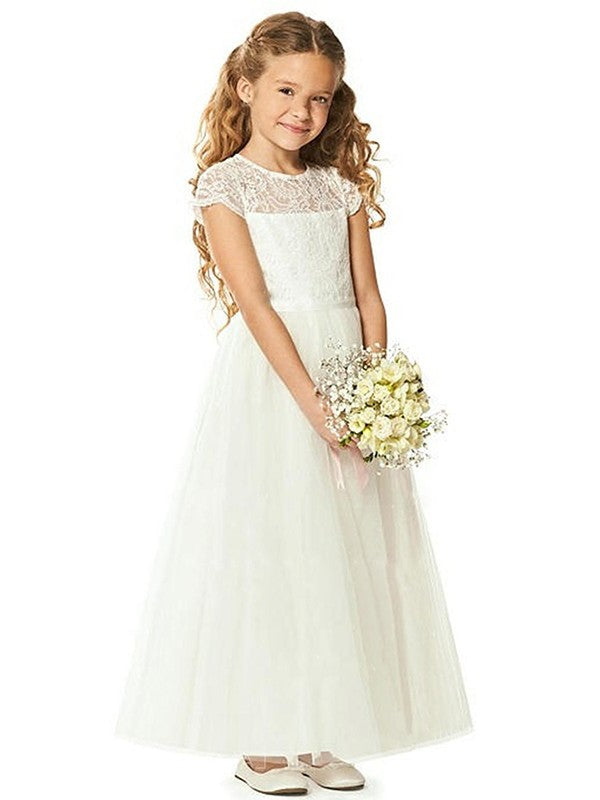 A-Line/Princess Short Ankle-Length Lace Tulle Sleeves Scoop Flower Girl Dresses