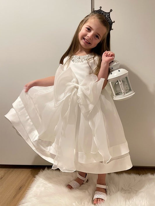 Sleeveless Satin A-Line/Princess Bowknot Tea-Length Jewel Flower Girl Dresses