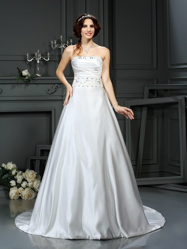 Strapless Long Sleeveless A-Line/Princess Beading Satin Wedding Dresses