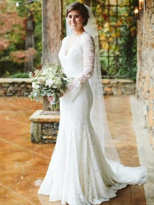 Trumpet/Mermaid Long V-neck Sleeves Train Sweep/Brush Ruffles Lace Wedding Dresses