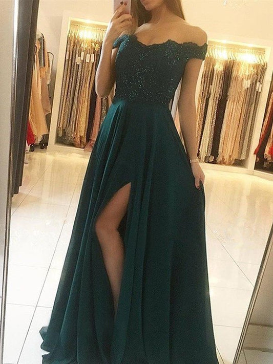 Sleeveless Off-the-Shoulder Floor-Length A-Line/Princess Beading Chiffon Dresses