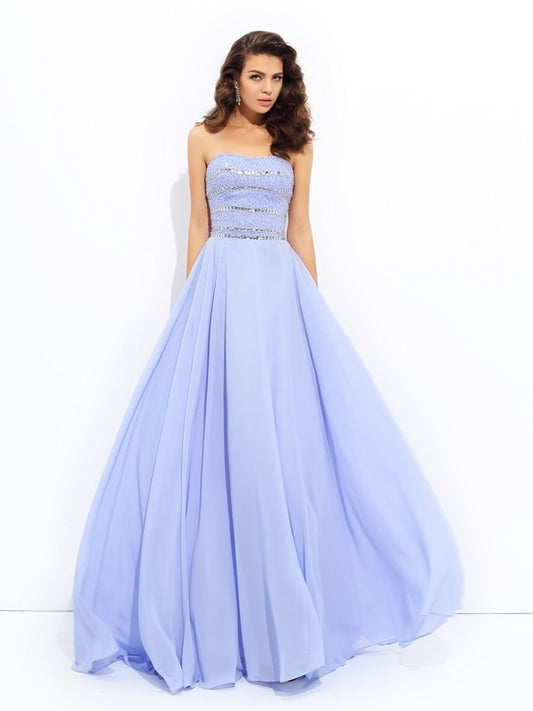 Sleeveless A-line/Princess Beading Strapless Long Chiffon Dresses