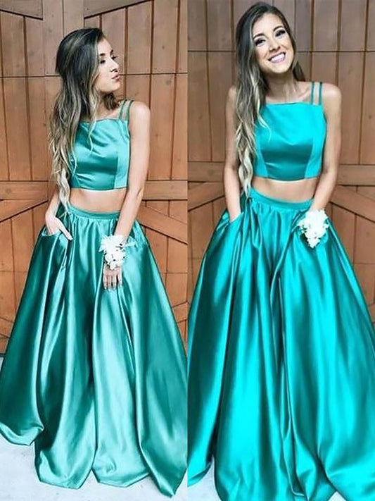 Satin Ruffles Square Floor-Length A-Line/Princess Sleeveless Two Piece Dresses