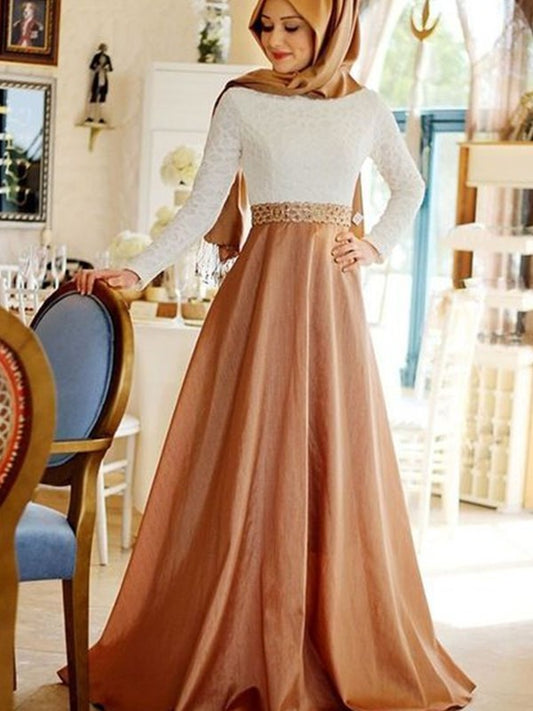 Sleeves Sweep/Brush Train Lace Long A-Line/Princess Scoop Satin Muslim Dresses